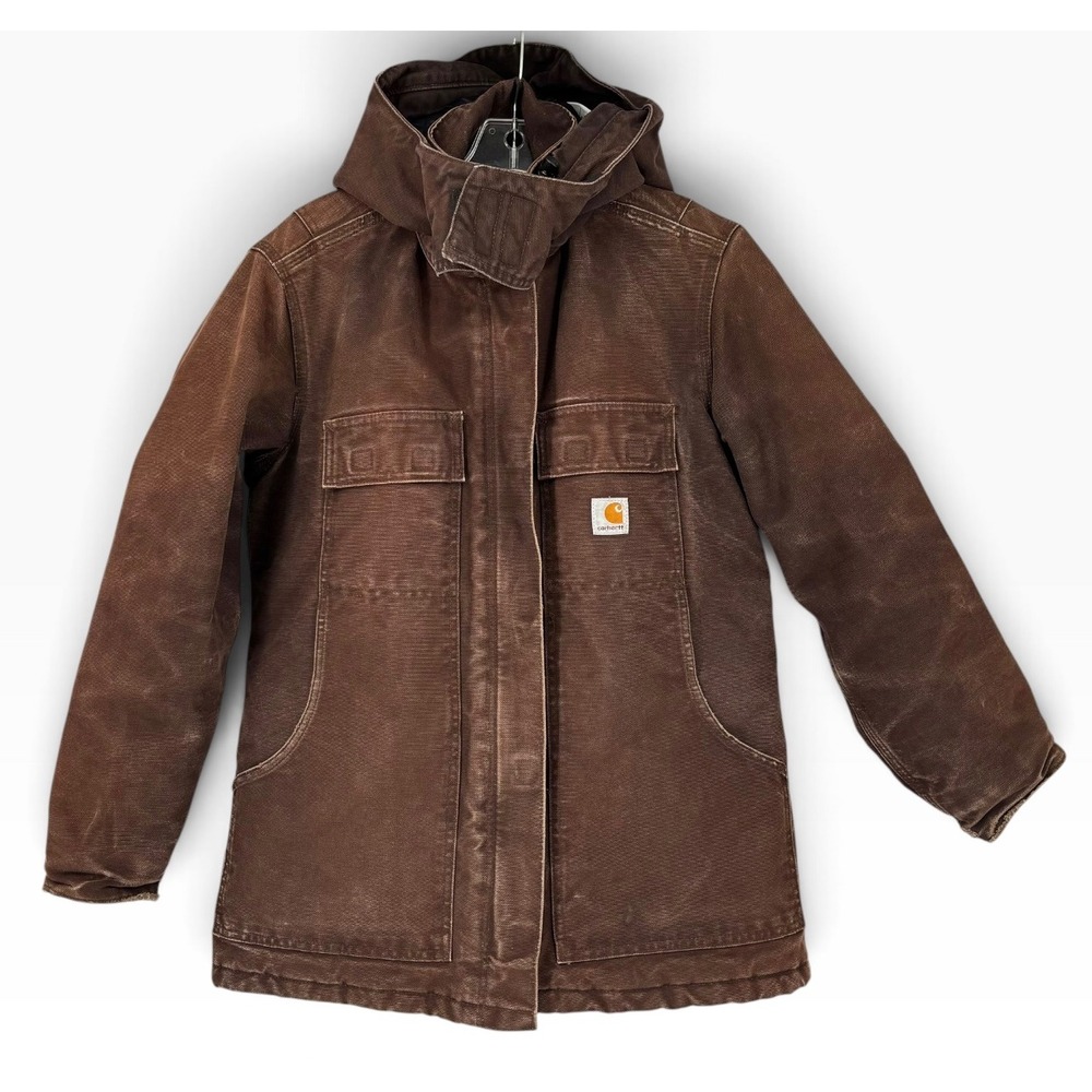 Vintage Y2K Carhartt Duck Jacket Women Small Brown Hooded Parka Quilted Lining